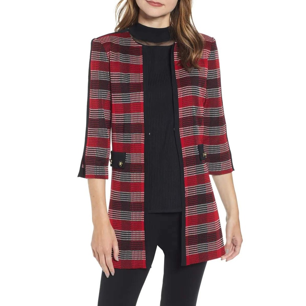 Ming Wang Long Plaid Knit Jacket Red Black 3/4 Sleeves Open Front size XS